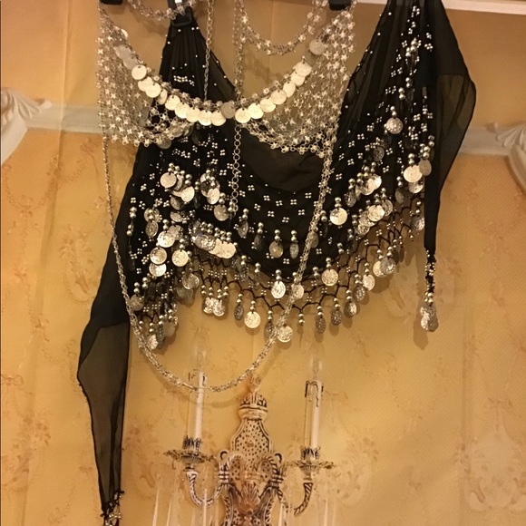 Belly dancers sarong with silver coin black silk - Picture 1 of 2